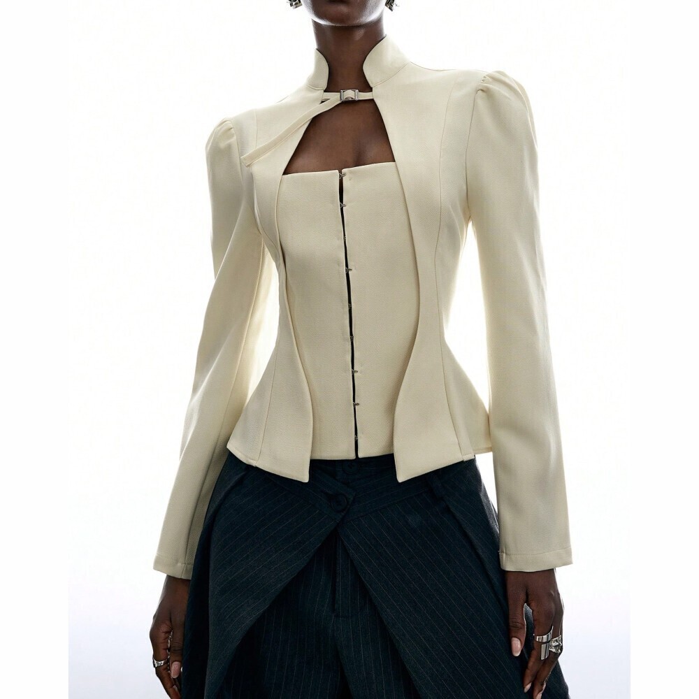 Cream Stand Collar Sweetheart Cutout Hook-Front Fitted Peplum Blazer
